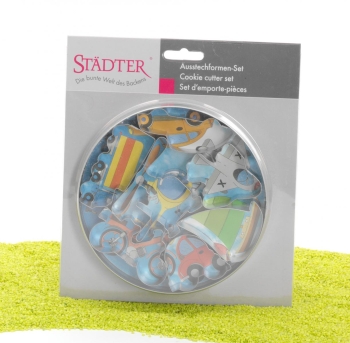 7er Set Ausstecher Dose Fahrzeuge (Flugzeug, Hubschrauber, Segelboot, Auto, Lastwagen, Motorrad und Sportwagen) Weißblech 6-8cm