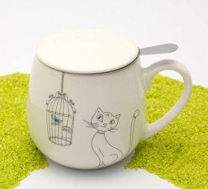 Kuschelbecher Porzellan Deckel & Sieb Cats and Birds 420ml