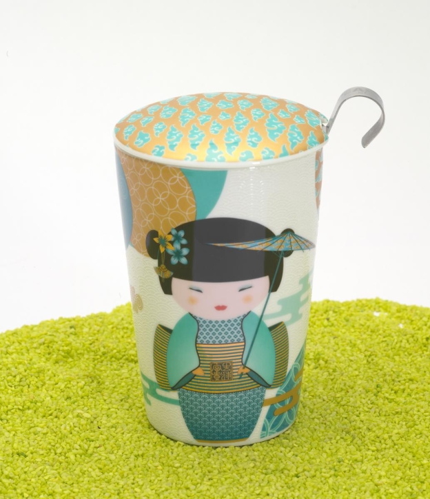 Trinkbecher Teaeve Porzellan mit Deckel & Edelstahlsieb New Little Geisha petrol 350ml