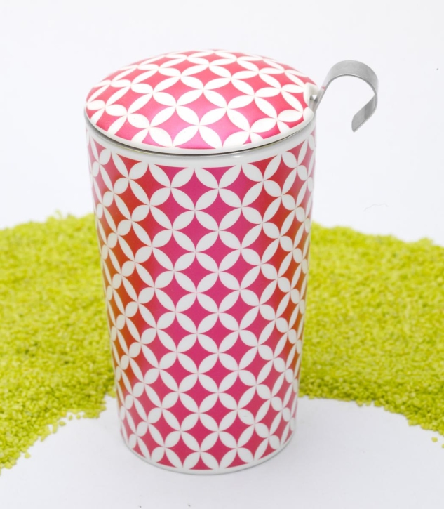 Trinkbecher Teaeve Porzellan mit Deckel & Edelstahlsieb May Lin Lux Line pink 350ml