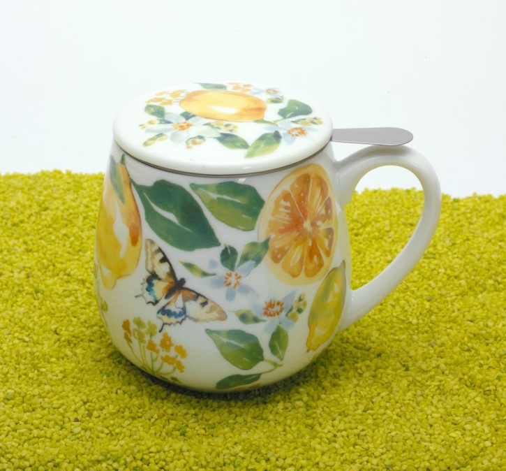 Kuschelbecher Porzellan Deckel & Sieb Victoria Lowe Fruity Tea Lemon 420ml